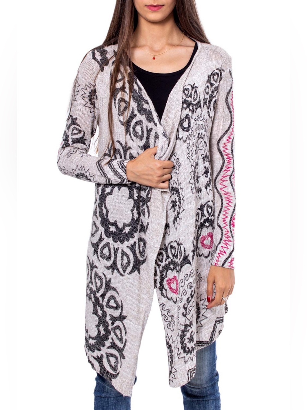 Desigual Gray, Black & Pink Open-Front Patterned Cardigan